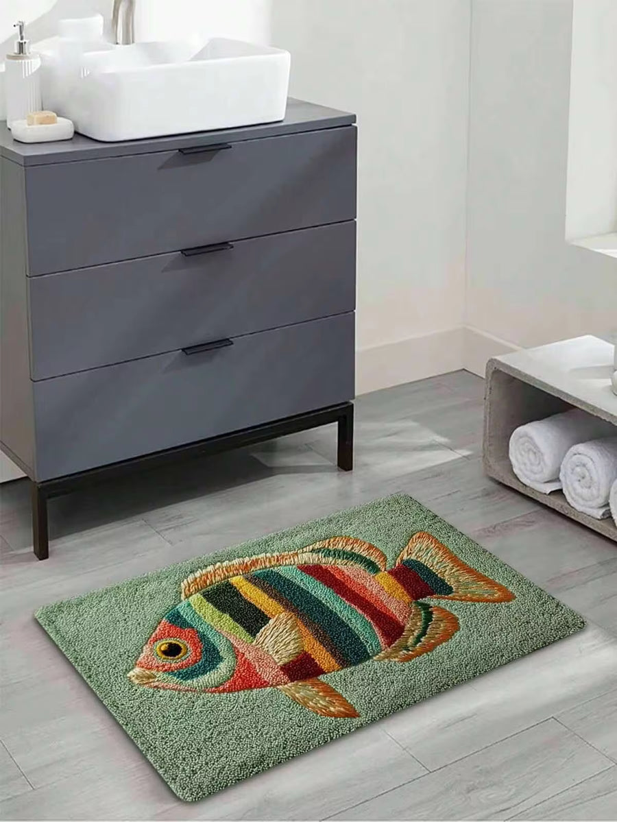 1pc 2D Faux Cashmere Bath Mat - Soft Material With Fish Pattern. Suitable For Bathroom, Bedroom, And Entryway Decor. Modern Style; Also Serves As A Shower Mat Or Housewarming Gift. (2D Flat Design)
